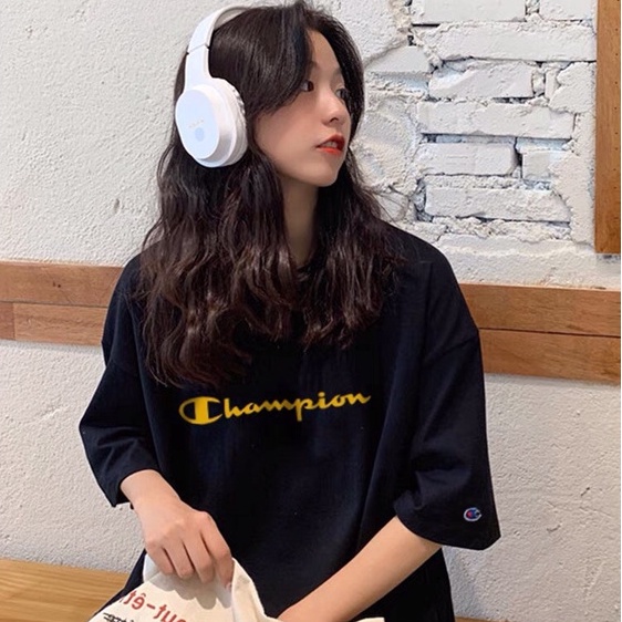 Aó phông champion logo to, áo thun unisex basic, chất cotton thoáng mát form rộng, Dorystore.