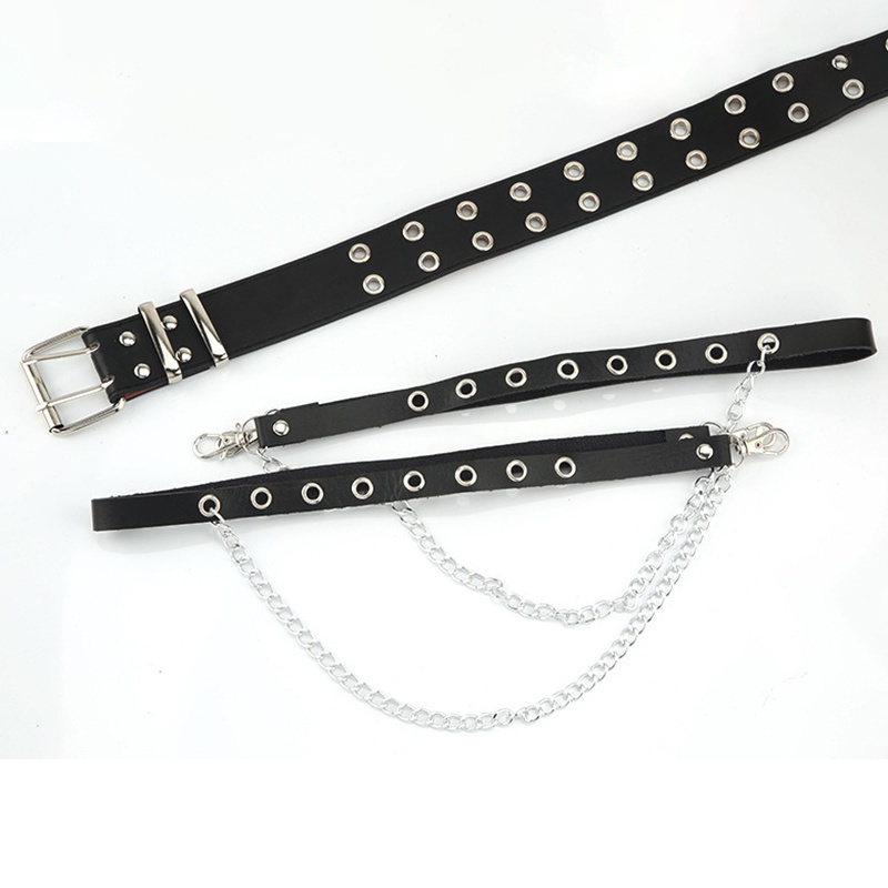 Thắt Lưng Giả Da Phối Dây Xích Kim Loại Phong Cách Gothic JP1 Cá Tính Cho Nữ