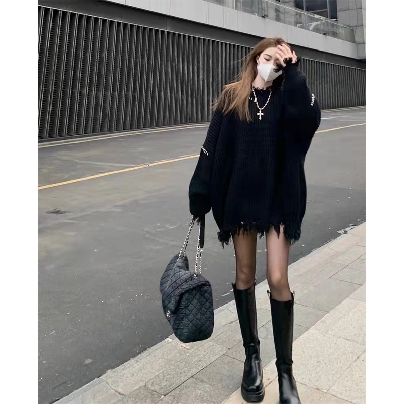 Áo sweater Đen Dày Chui Đầu Thiết Kế Lỗ Rách Thời Trang Thu Đông Cho Nữ