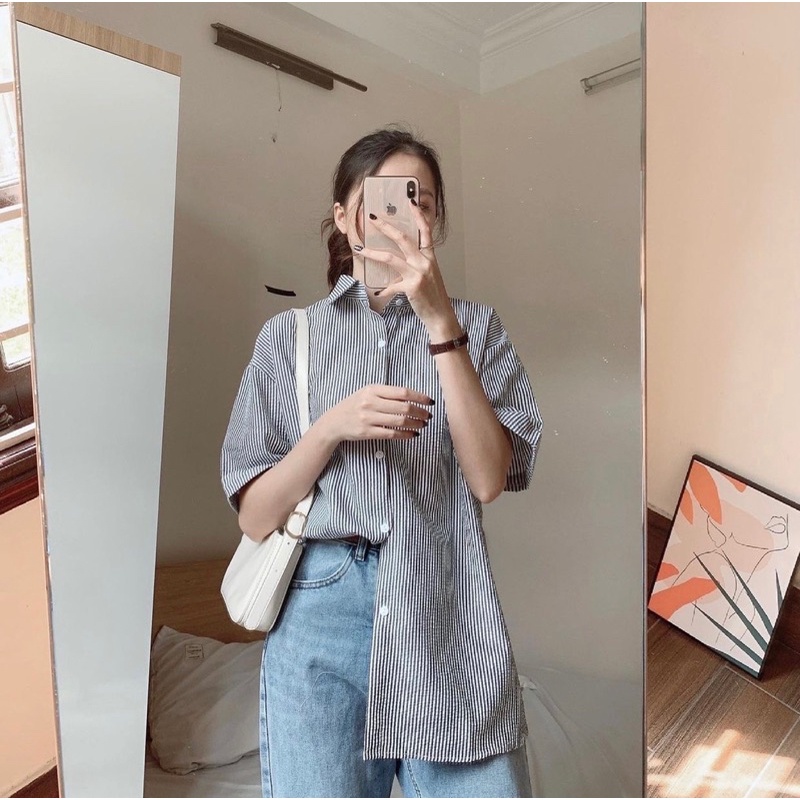 [Ảnh thật/Sẵn]Áo SƠMI KẺ SỌC CHẤT XỐP NHIỀU MÀU form oversize