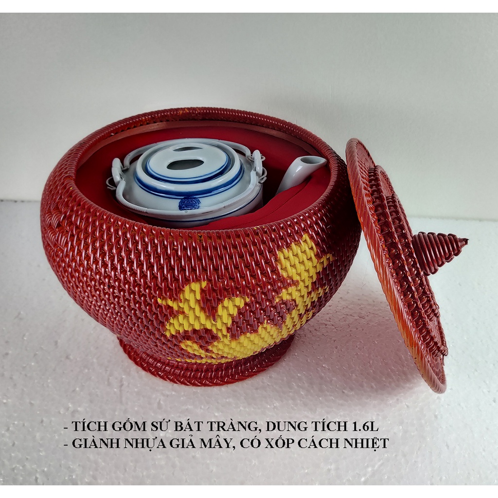 Bình ủ trà giữ nhiệt ấm tích pha trà xanh gốm sứ bát tràng dung tích 1,6l giành nhựa giả mây dùng hãm chè.