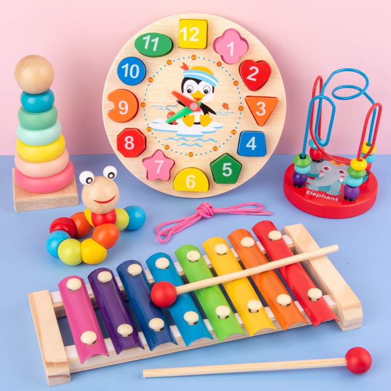 Đồ chơi gỗ, đồ chơi xếp hình bằng gỗ combo 6 món