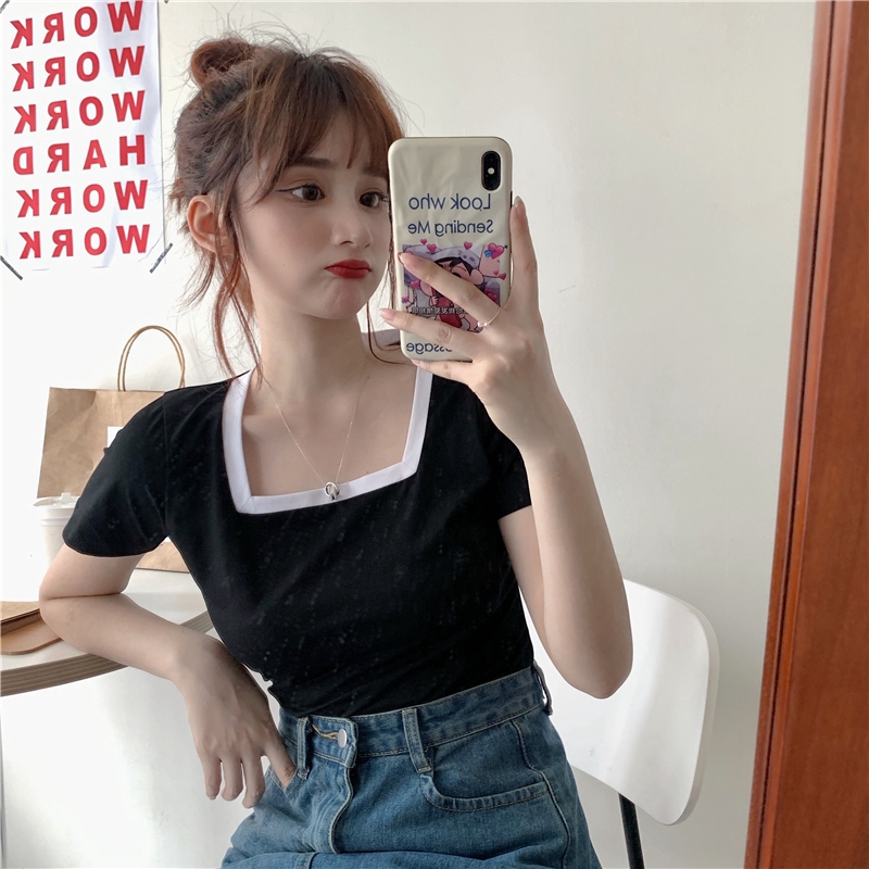 SUXI Áo Thun Tay Ngắn Cổ Vuông Màu Trơn Quyến Rũ Dành Cho Nữ