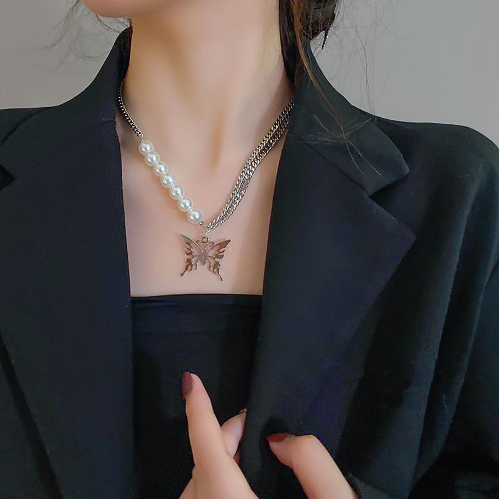 Vòng cổ choker bằng hợp kim mặt hình cánh bướm đính ngọc trai phong cách punk hip hop Hàn Quốc tinh tế cho nữ