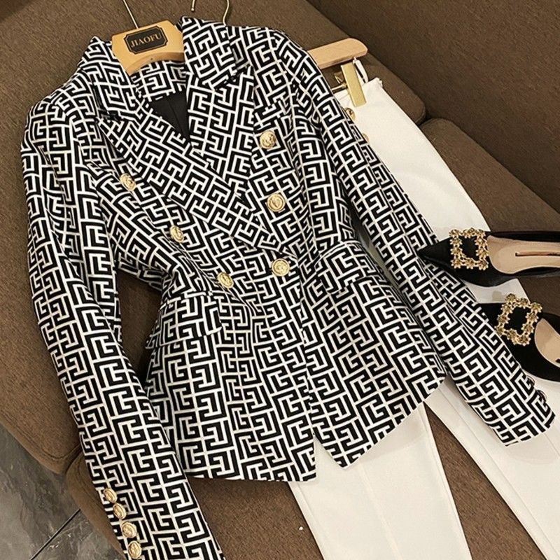 Áo Khoác Vest Hai Hàng Nút Họa Tiết Hình Học Nhỏ Màu Hồng Phong Cách Âu Mỹ Thời Trang 2022 Chất Lượng Cao