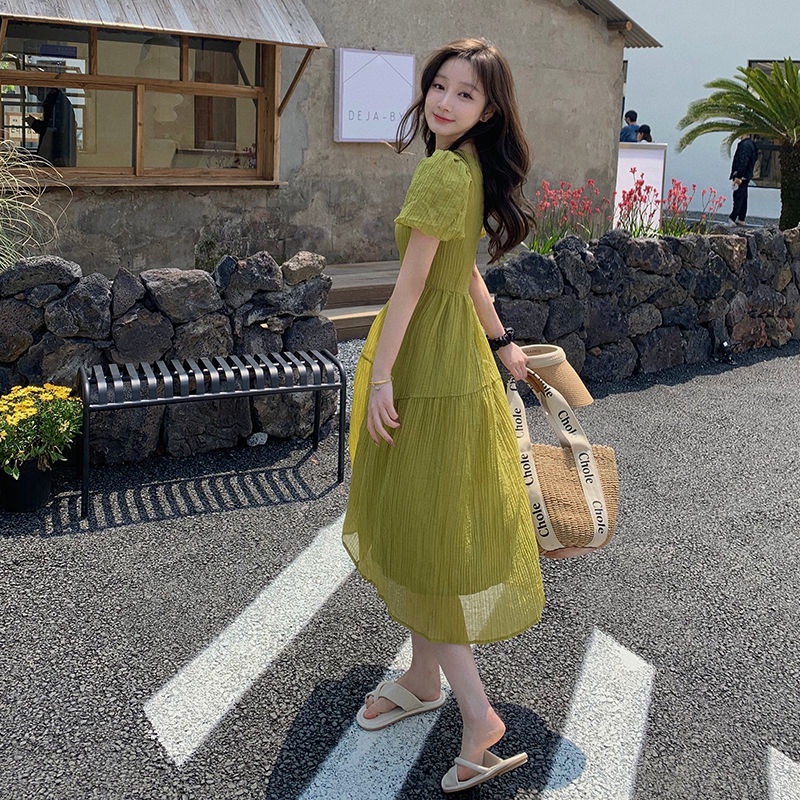 Đầm Cổ Vuông Xếp Ly Dáng Dài Màu Xanh Lá Phong Cách Retro Pháp Thời Trang Mùa Hè Hàng Mới 2022