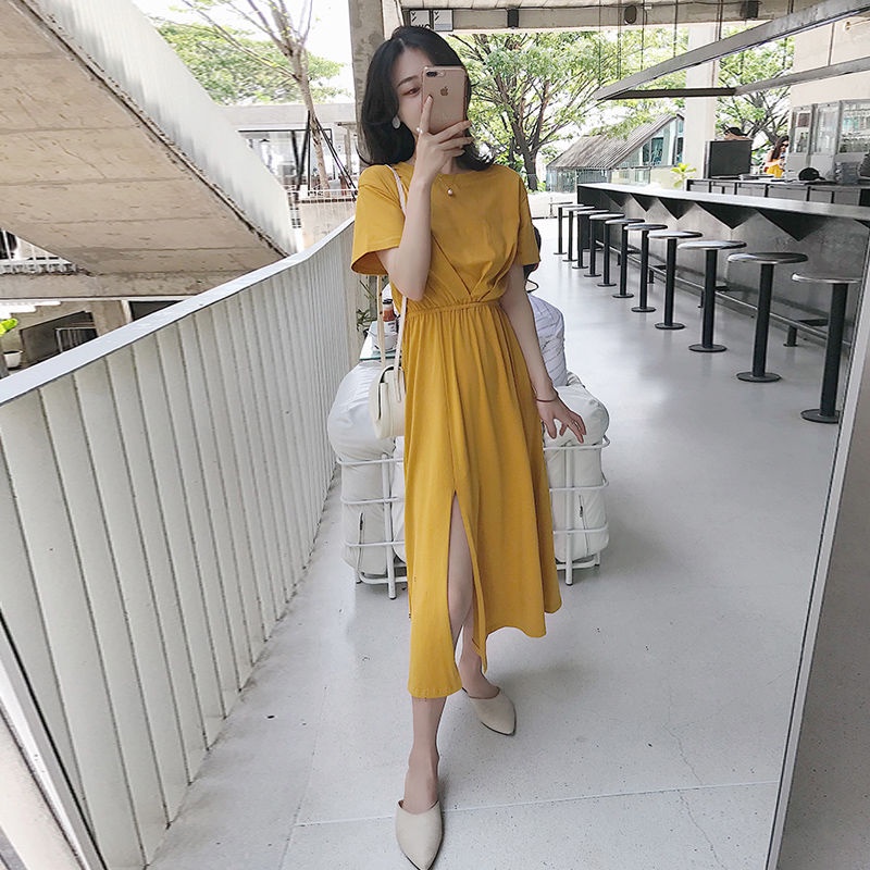 Đầm Dài Qua Gối Tay Ngắn Dáng Rộng Xẻ Tà Phong Cách Hàn Quốc Thời Trang Mới Cho Nữ