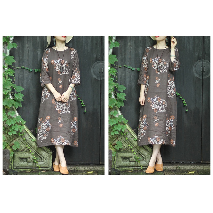 Đầm Hoa Dáng Suông Tay Lửng Cổ Điển Cho Nữ, Đầm Linen Túi Hông Kèm Dây Thắt Eo Da181