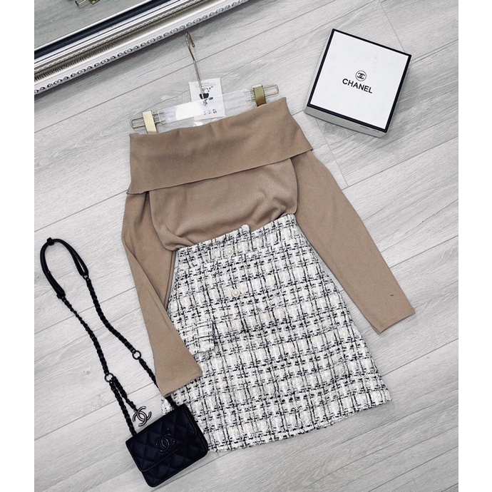 Set áo nhung tăm trễ vai mix chân váy dạ kẻ siêu xinh | BigBuy360 - bigbuy360.vn