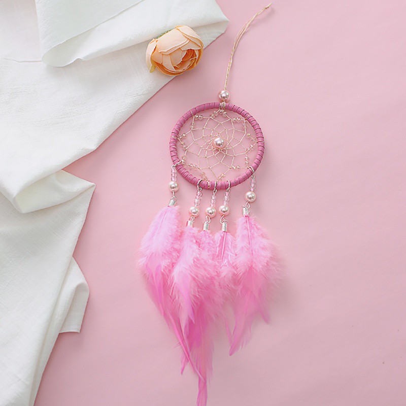 Lưới giấc mơ Dreamcatcher đính lông vũ màu hồng và trắng