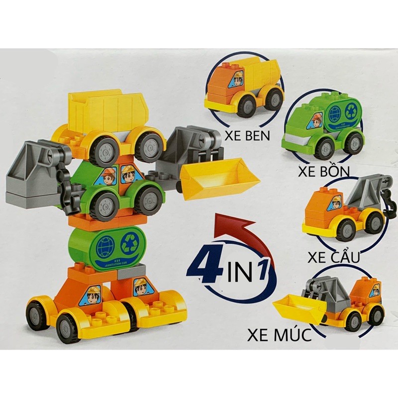 Bộ Lắp Ráp 4 Xe Lego Duplo Đồ Chơi Xếp Hình Robot 4 in 1 xe mô hình công trình xây dựng cho bé, chất liệu nhựa an toàn