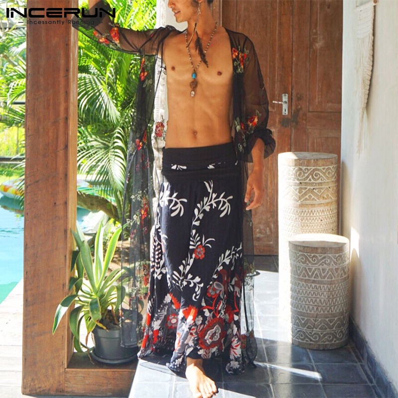 INCERUN Áo Khoác Cardigan Tay Dài Xuyên Thấu Thêu Hoa Thời Trang Cho Nam