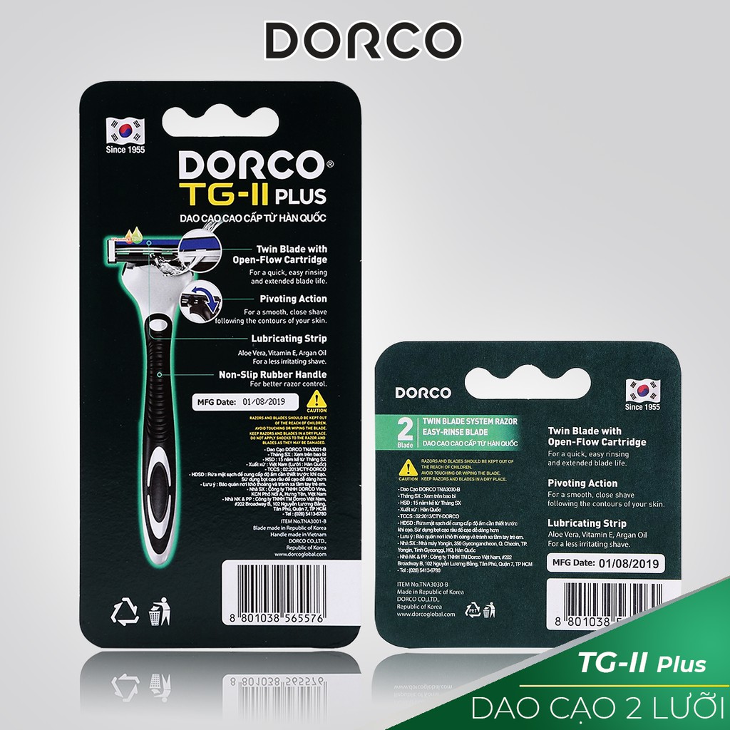 Combo Dao Cạo Và Vỉ 3 Đầu Cạo Râu Hàn Quốc  2 Lưỡi Dorco Tg-Ii Plus System TNA 3001 - TNA 3030 (1 cán + 4 đầu dao cạo)