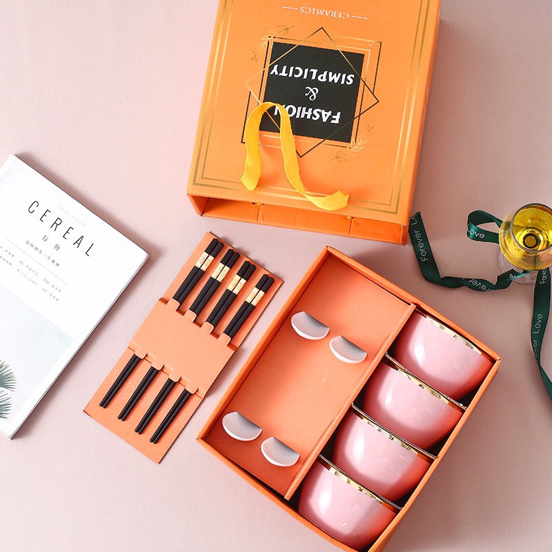 Bộ Bát Sứ Quà Tặng Chén Dĩa Sứ Viền Vàng Cao Cấp Phong Cách Bắc Âu(CHỌN NHIỀU MÀU)