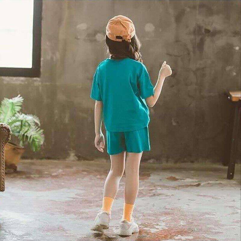 Bộ Áo Thun In Chữ + Quần Short Cotton Màu Xanh Lá Thời Trang Mùa Hè Cho Bé Gái 5-12 Tuổi