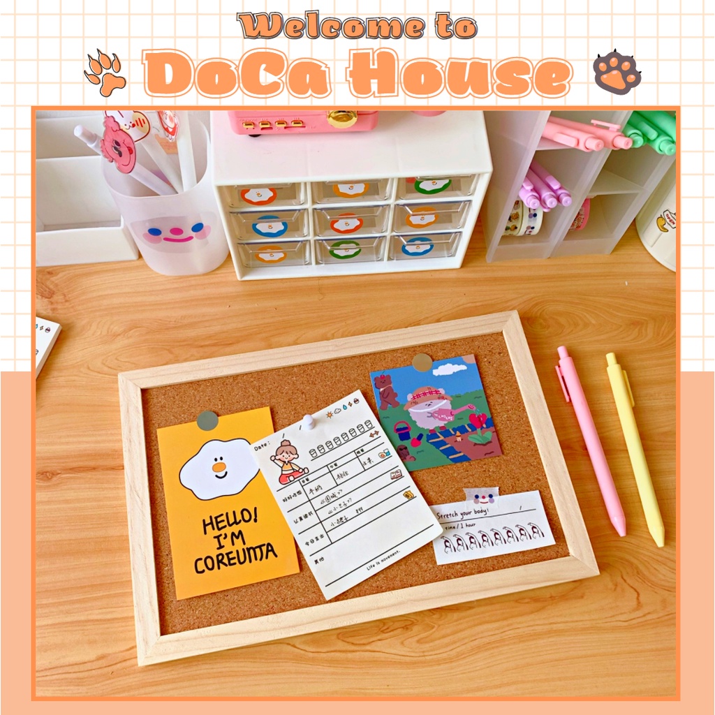 Bảng ghim gỗ bần DOCA, bảng ghim ghi chú, postcard, decor bàn học, bàn làm việc (kèm ghim+dây treo+móc treo+sticker)