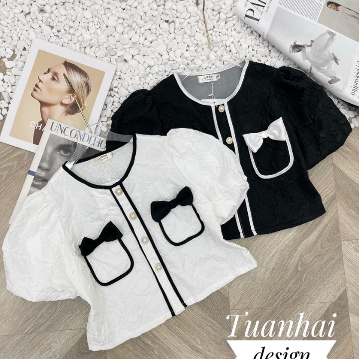Áo Croptop - Áo tay phồng cổ ngắn tròn nơ ngực chất gấm cực xinh tại sam_sam_shop_1011
