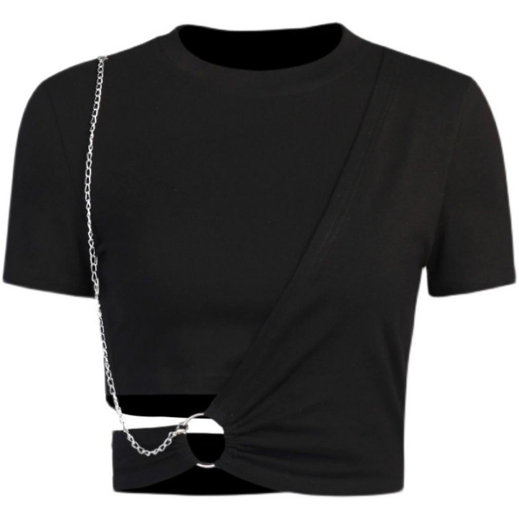 Áo croptop nữ ngắn tay phối khoen kèm xích Xquin, Áo kiểu nữ cổ tròn khoét eo cực tôn dáng