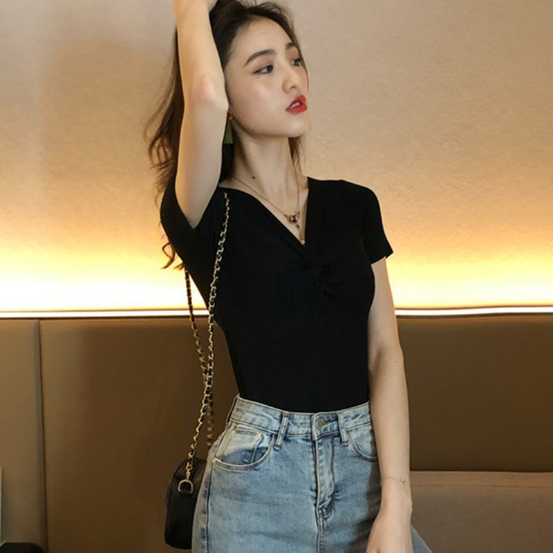 [Baywellfashion]Áo dệt kim tay ngắn cổ chữ V thiết kế màu trơn thanh lịch dành cho nữ | BigBuy360 - bigbuy360.vn