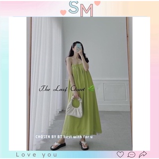Váy maxi 2 dây dáng dài, đầm suông rộng phom thụng xanh cốm kèm turban thô mềm basic đi biển, đi chơi dễ phối đồ V01
