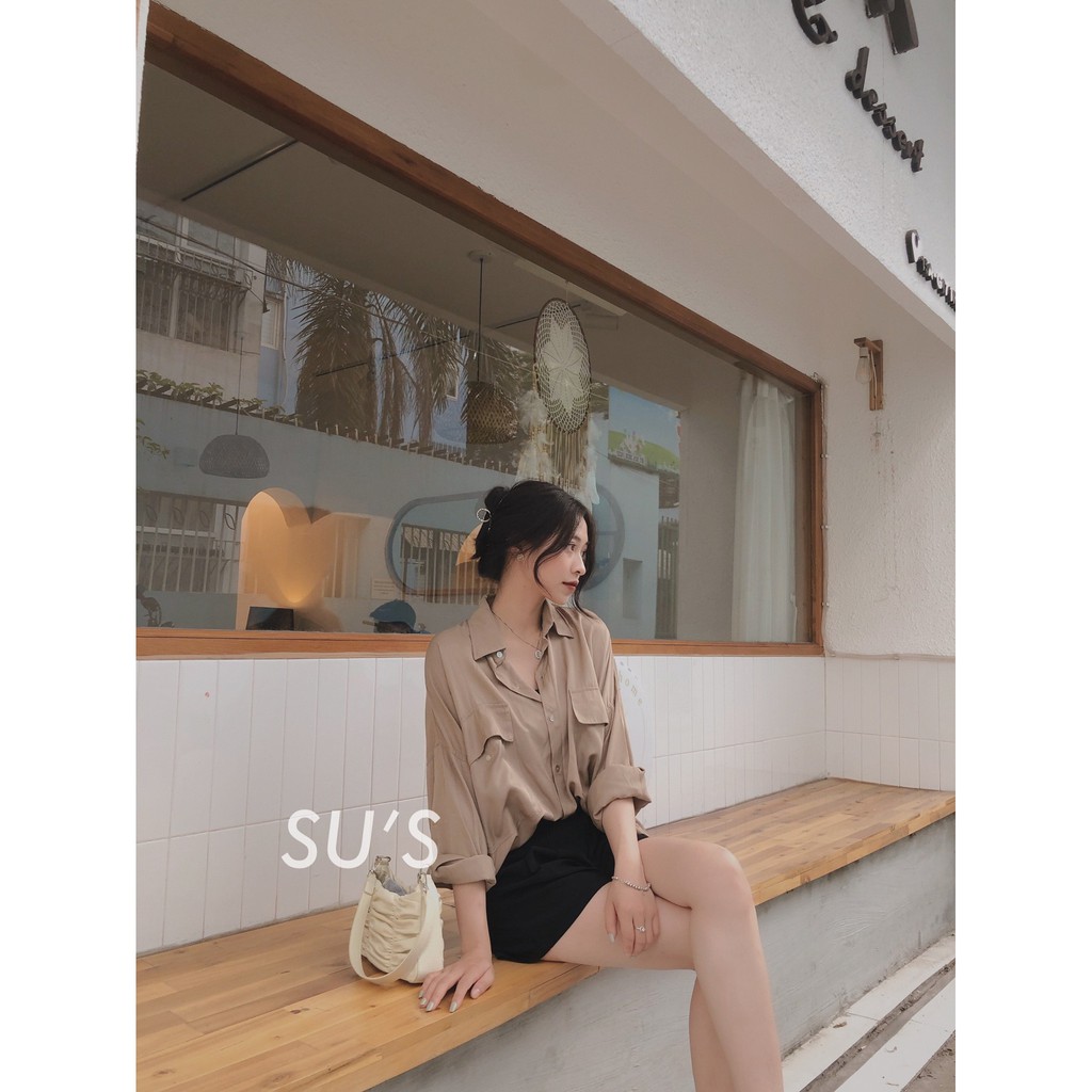 Áo sơ mi nữ form rộng dài tay Cheapy thô đũi 2 túi trắng nâu freesize dáng học sinh vintage Hàn Quốc C418