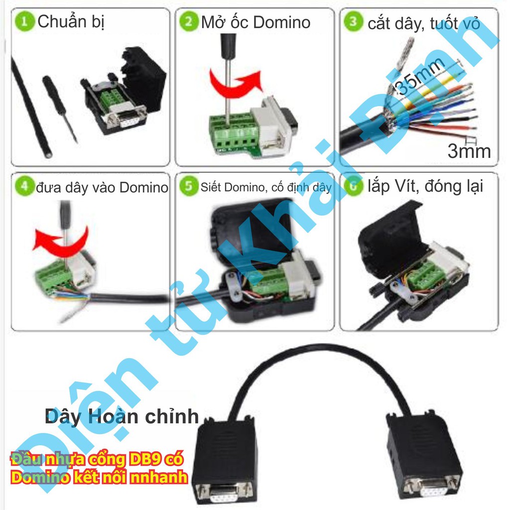 đầu nhựa cổng DB9, RS232, cổng COM có Domino giúp kết nối nhanh, không hàn, đầu cái, có vít kde5501