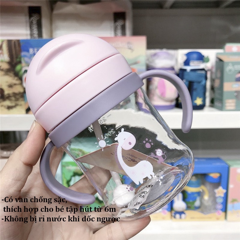 Bình nước tập uống có van chống sặc cho bé từ 6 tháng có tay cầm đi học đi chơi 250ml BN08 Homedy Kids