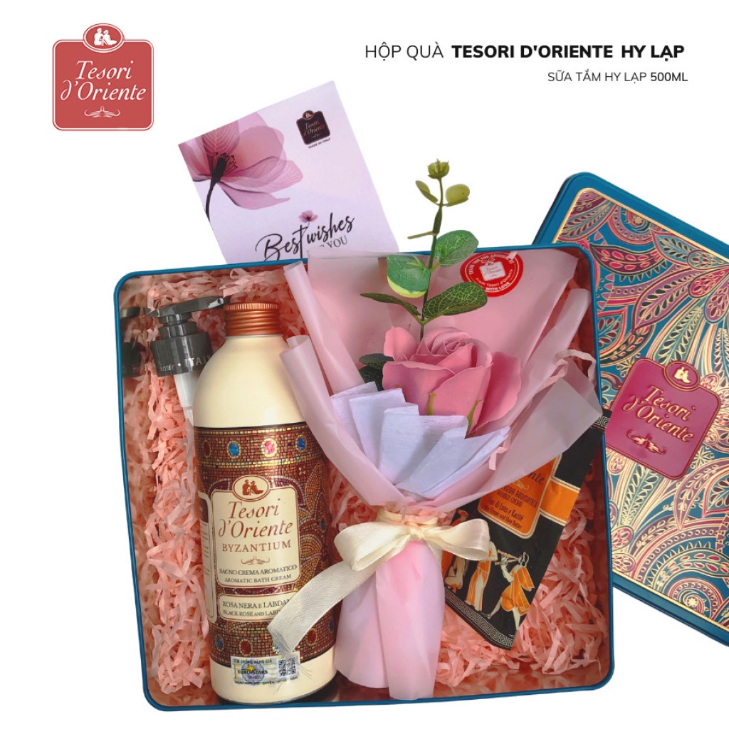 Hộp quà tặng Sữa tắm Tesori d' Oriente 500ml kèm hoa và thiệp nhập khẩu Ý chính hãng xinh xắn thích hợp làm quà tặng