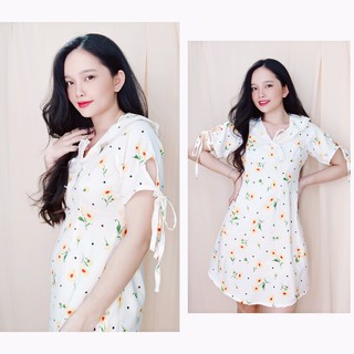 ( HOT ) Đầm Hoa cúc suông lụa hoa cổ sen phối ren