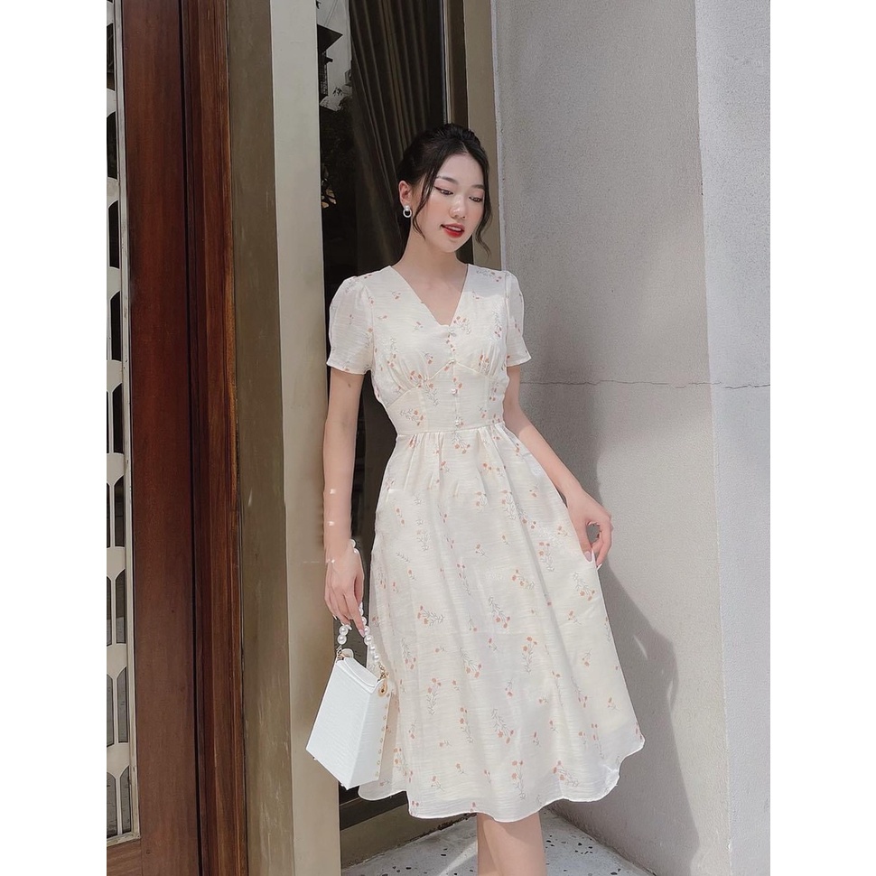 ĐẦM TƠ HOA MIDI RÃ NGỰC CỔ V