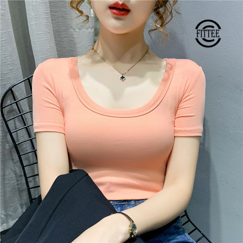 Áo Thun Cotton Tay Ngắn Cổ Chữ U Màu Trơn Dáng Ôm Thời Trang Mùa Hè 2022 Mới Dành Cho Bạn Nữ