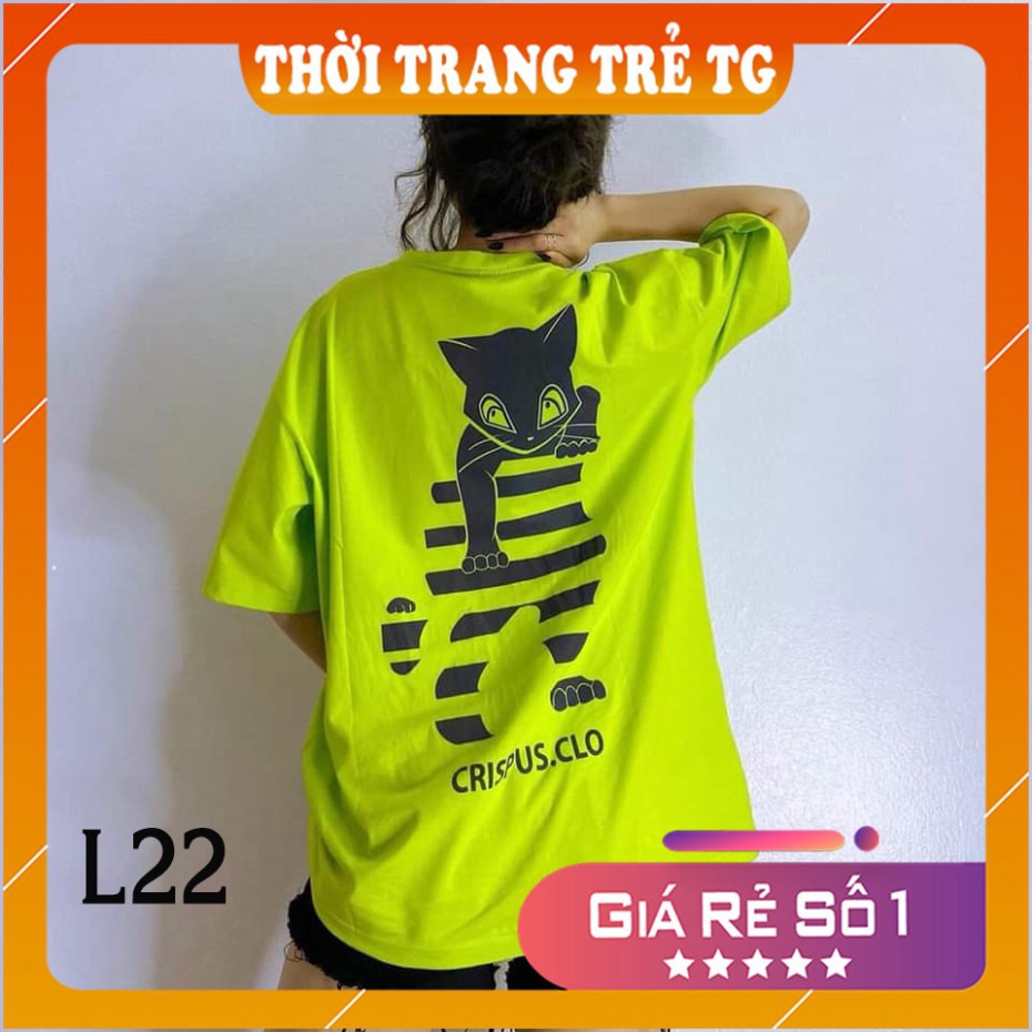 Áo thun 💕𝑭𝒓𝒆𝒆𝒔𝒉𝒊𝒑💕 Áo phông form rộng dáng Unisex L22, mặc lớp, nhóm, cặp in chữ crispus HÌNH MÈO màu xanh chu