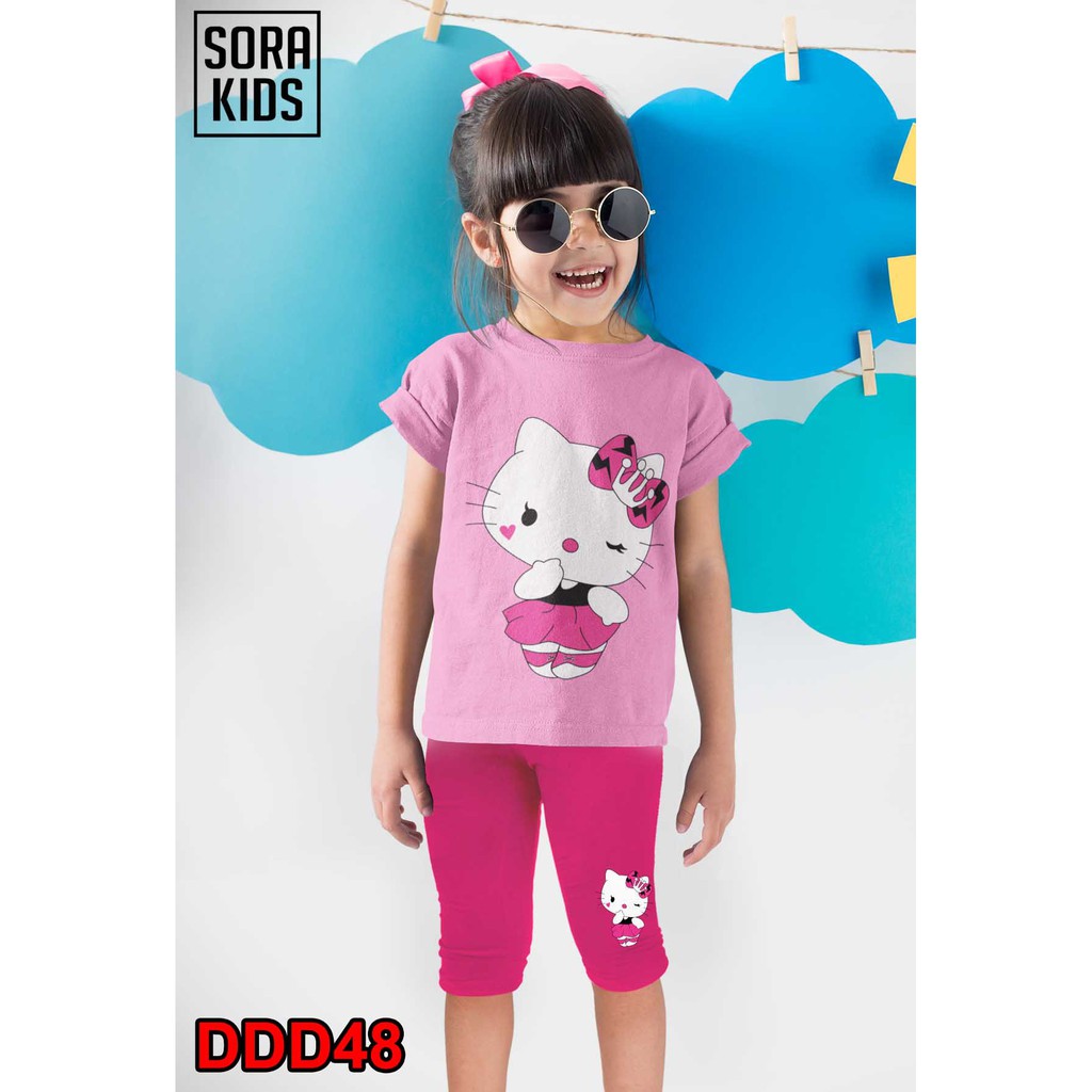 [ Size từ 9-40 kg ] bộ lửng ngố Sorakids chất cotton 100% in hình mèo kitty cho bé gái 2-10 tuổi bộ quần áo trẻ em