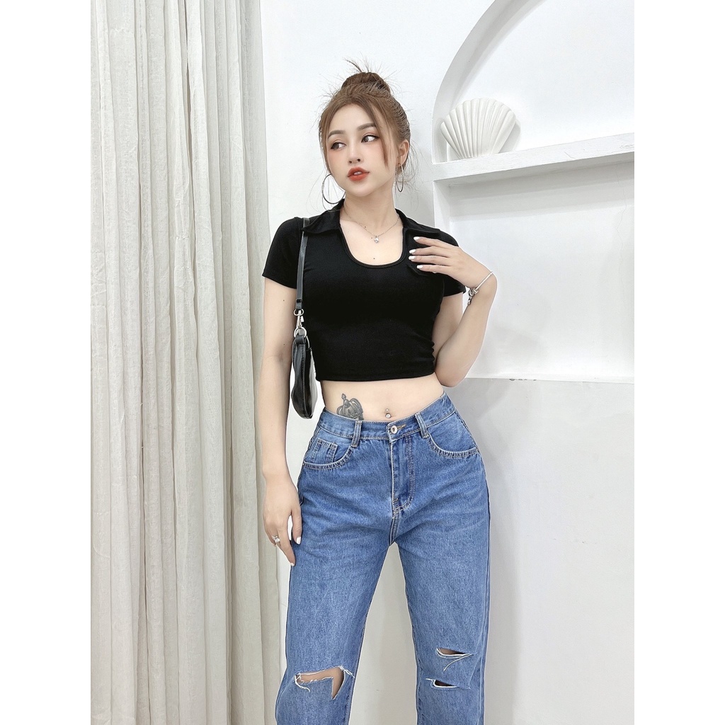 Quần jeans baggy ống suông nữ CRAZYTEEN rách cá tính K0304