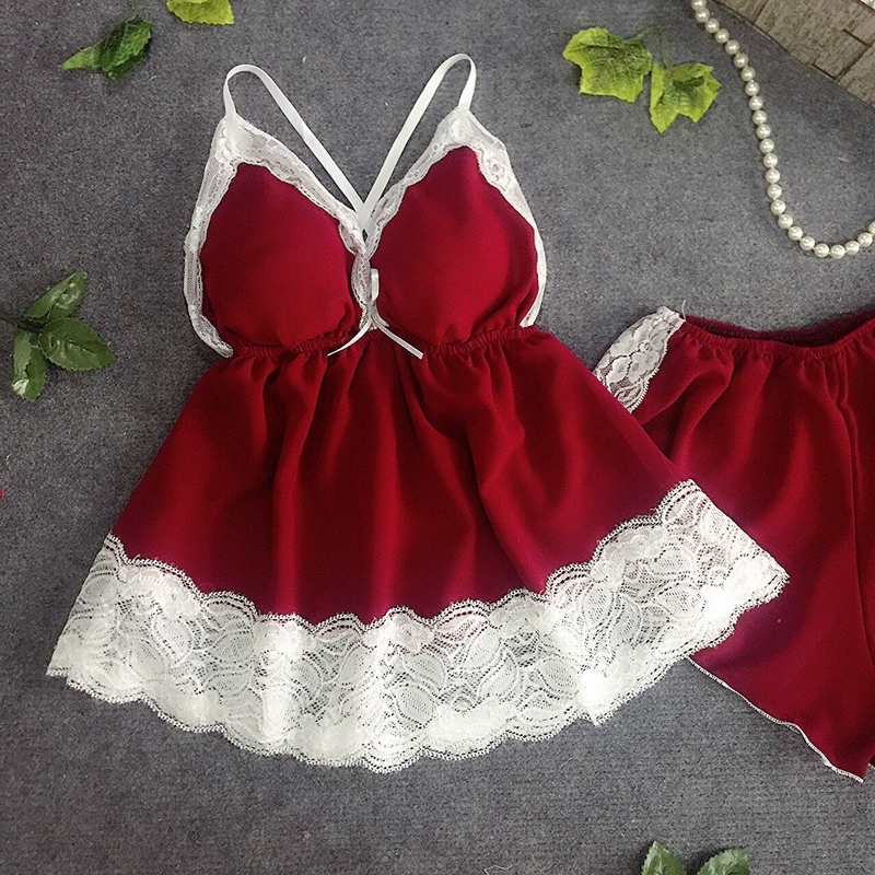 Đồ Ngủ Sexy nữ voan phối viên-Đồ ngủ 2 dây có mút ngực(ảnh+video thật)