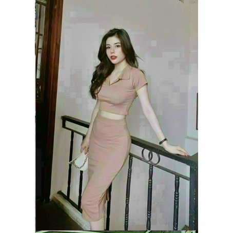 Sét bộ áo croptop polo trơn phối chân váy dài body cực xinh , chất thun bozip mềm mịn
