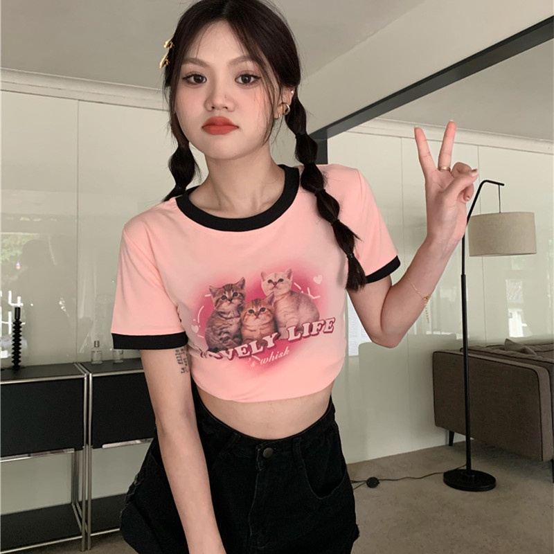 Áo Thun Tay Ngắn Hở Rốn Kiểu Dáng Dễ Thương Xinh Xắn