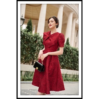 váy tafta đỏ cổ nơ