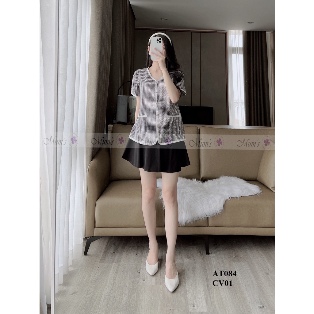 ÁO BẦU XINH MÙA HÈ MUM'S SHOP FREESHIP Áo bầu caro đen trắng cổ tim