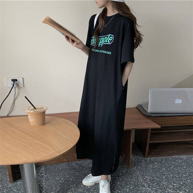 Đầm thun dài dáng rộng IELGY tay ngắn in họa tiết phong cách Hàn Quốc thời trang mùa hè cho nữ