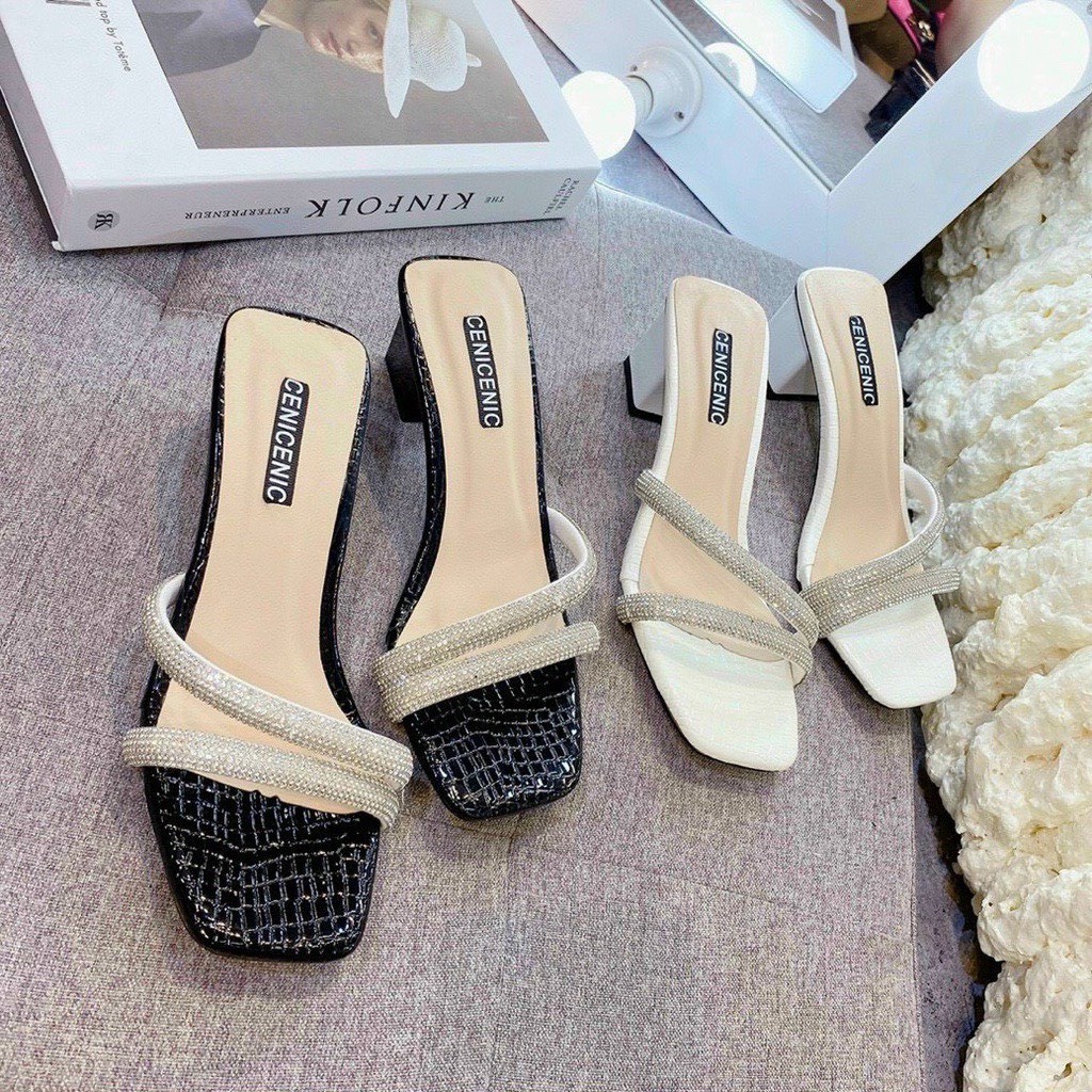 Giày cao gót hot trend đính đá 5 phân, sandal cao gót quai đá, guốc cao gót Chị Đẹp Store mã B5