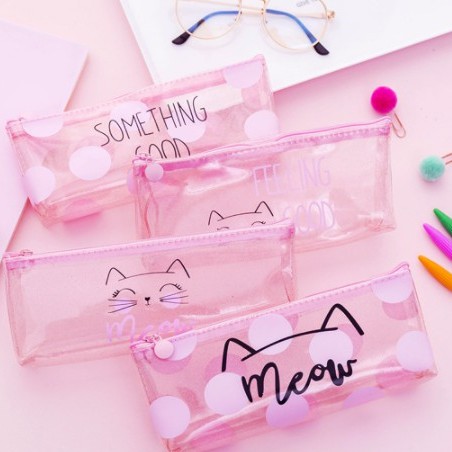 Hộp bút trong suốt nhũ kim tuyến dễ thương họa tiết Mèo Pink màu hồng cute BMBooks