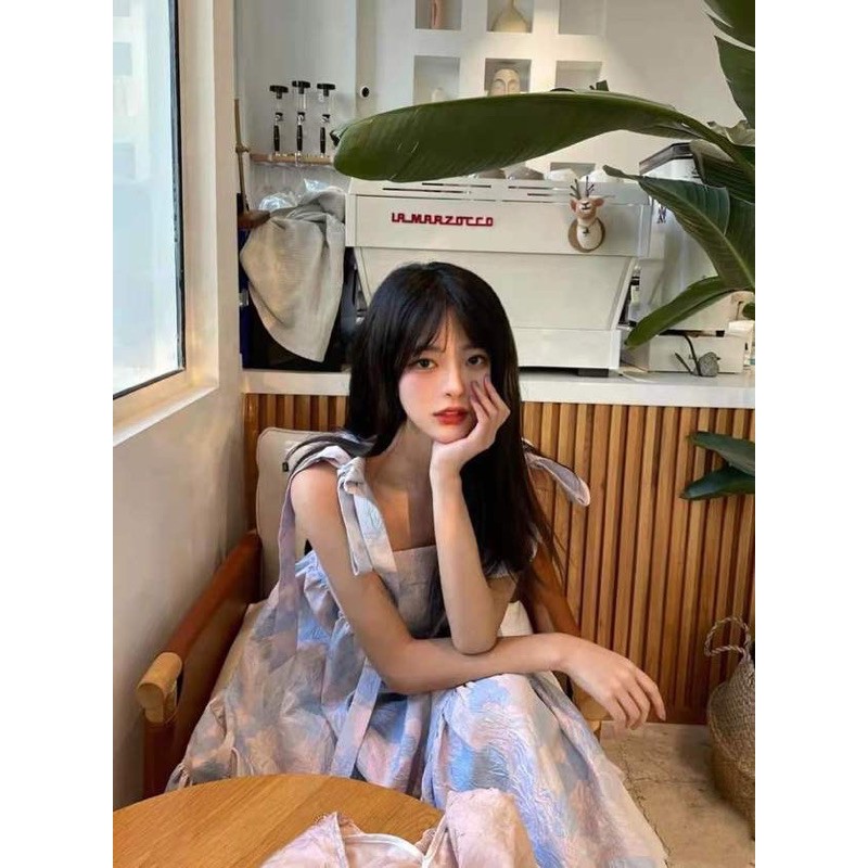 Váy 2 dây babydoll xanh pastel buộc nơ vai dáng dài dễ thương ulzzang Hàn Quốc [Yannie]