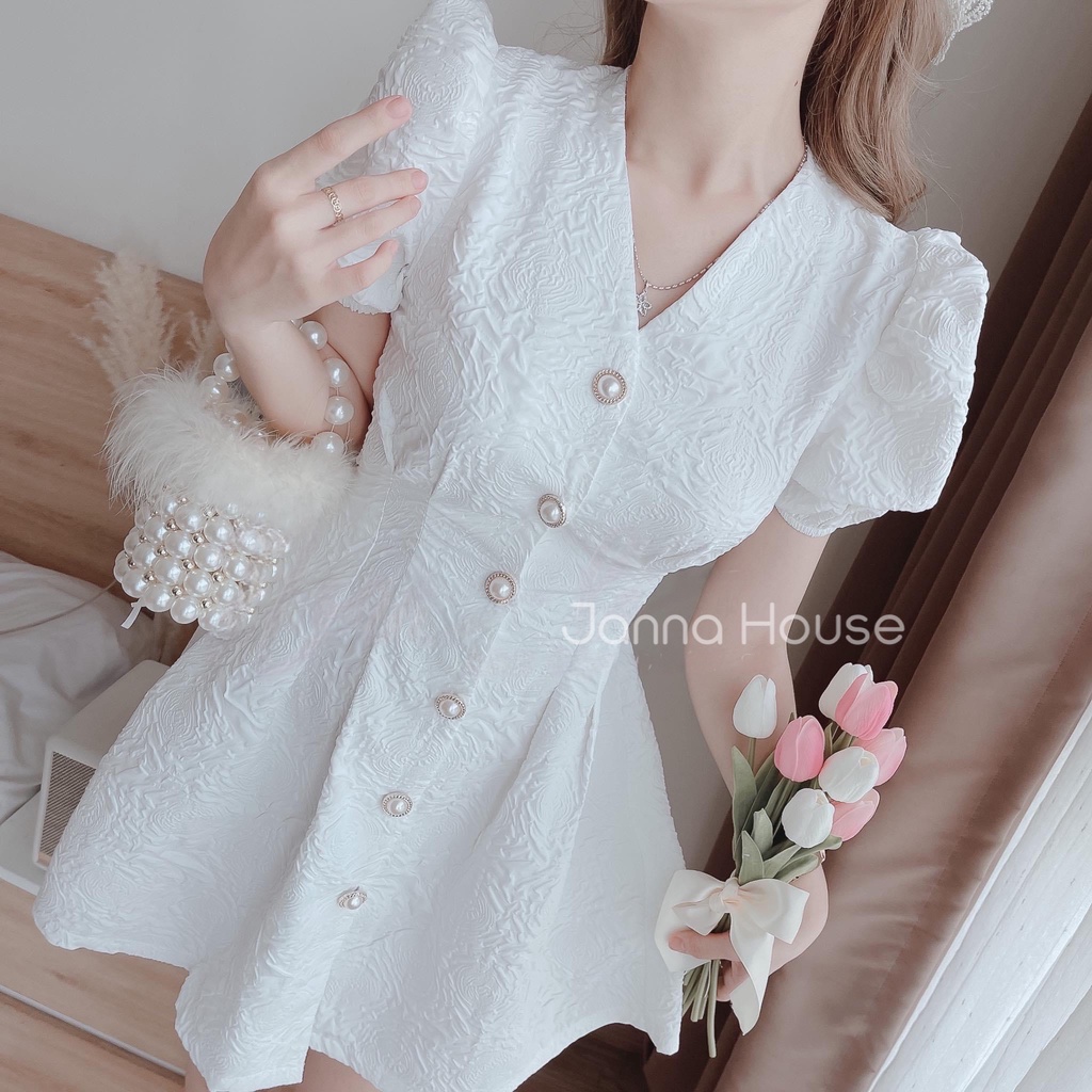 - Váy nữ khoét eo cúc ngọc tay bồng vải xốp mềm tiểu thư ulzzang - M61 - jannahouse