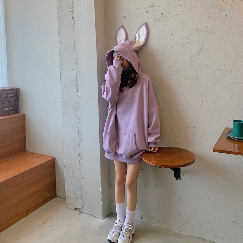 Áo hoodie IELGY dáng rộng phối tai thỏ màu trơn dễ phối đồ thời trang cho nữ