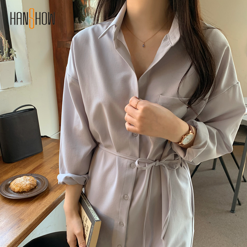 Đầm sơ mi nữ tay dài buộc eo phong cách Hàn Quốc