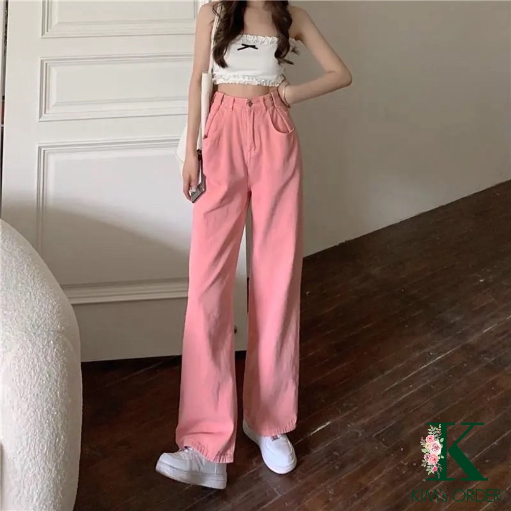 Quần jean nữ lưng cao ống rộng dáng suông có nút cài, khuy gài điều chỉnh lưng quần phong cách Ulzzang Hàn Quốc