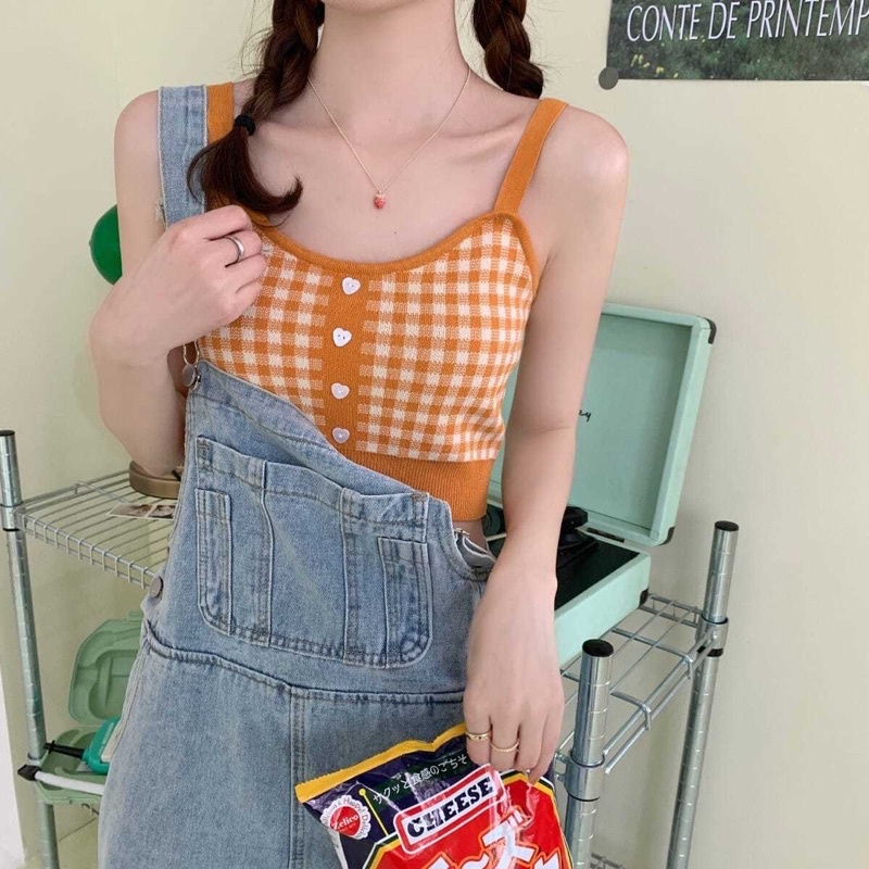 Áo hai dây croptop kẻ caro