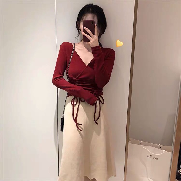 Áo Thun Tay Dài Cổ V form Croptop Phối Rút Hai Bên Eo Duyên Dáng TTS0872
