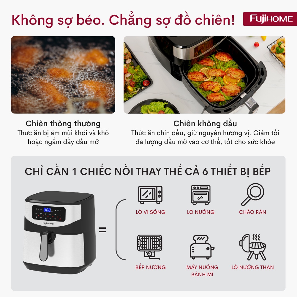 Nồi chiên không dầu 8L điện tử Fujihome Nhật Bản Nhập Khẩu, chống dính cao cấp, tự ngắt an toàn